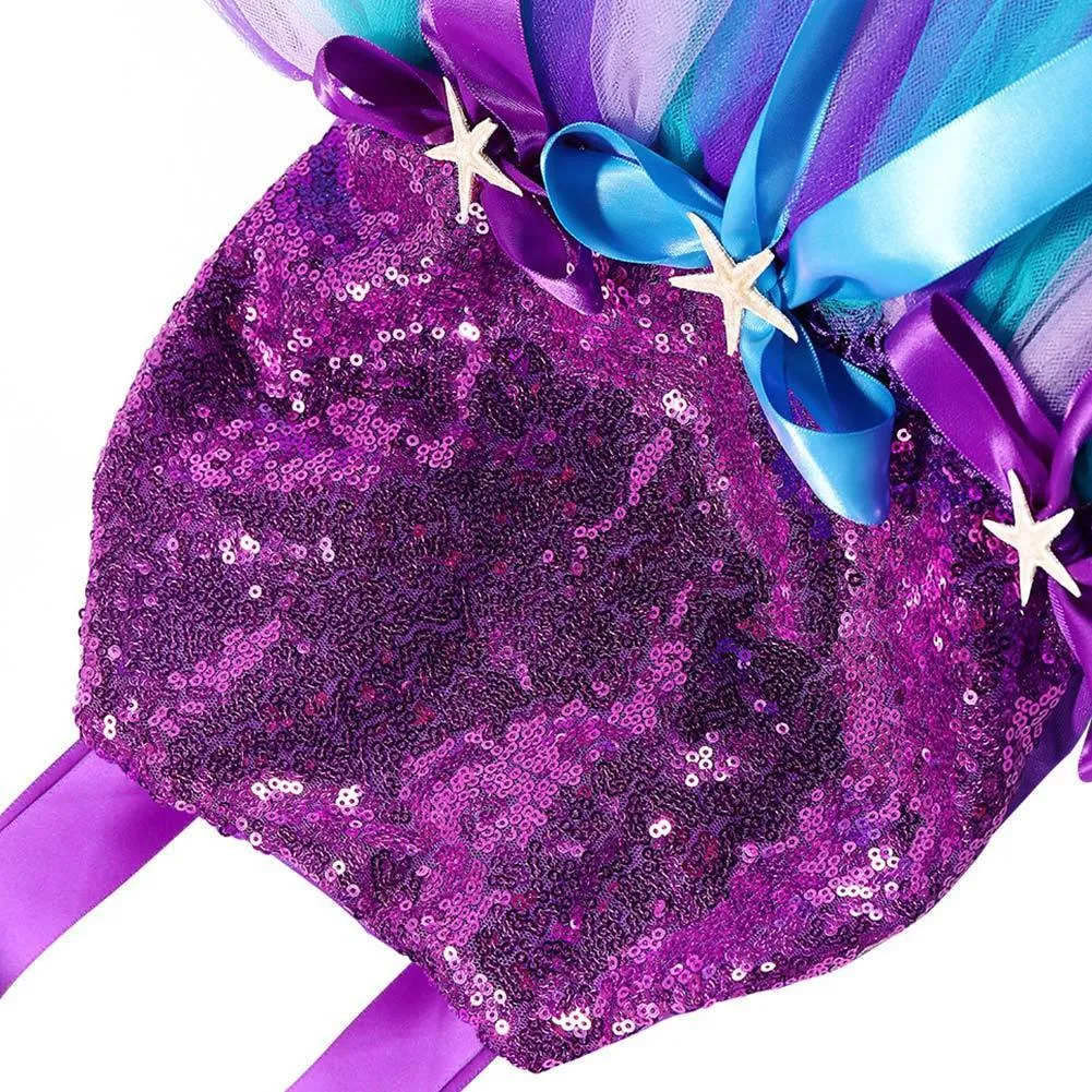 Princess Girls Mermaid Tutu Dress Kids Sparkle Sequin Purple Starfish Birthday Party Dresses Halloween Costume