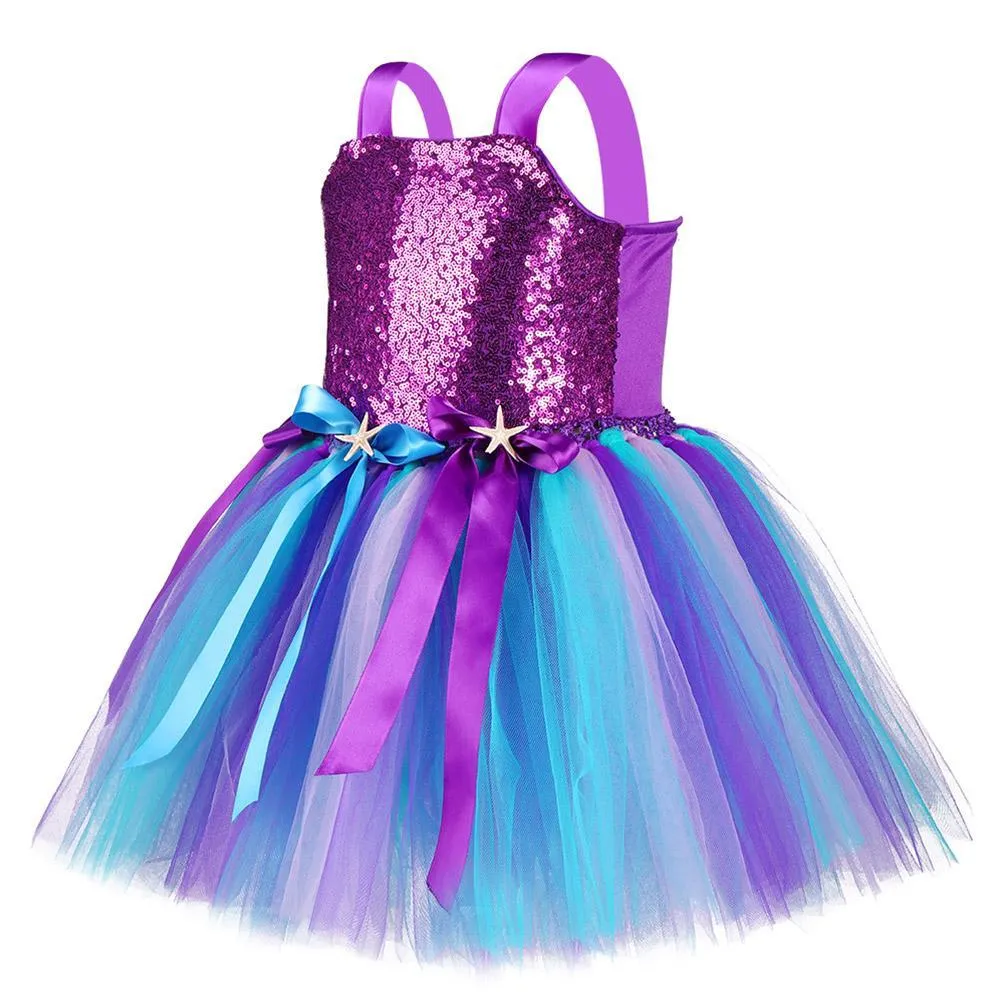 Princess Girls Mermaid Tutu Dress Kids Sparkle Sequin Purple Starfish Birthday Party Dresses Halloween Costume