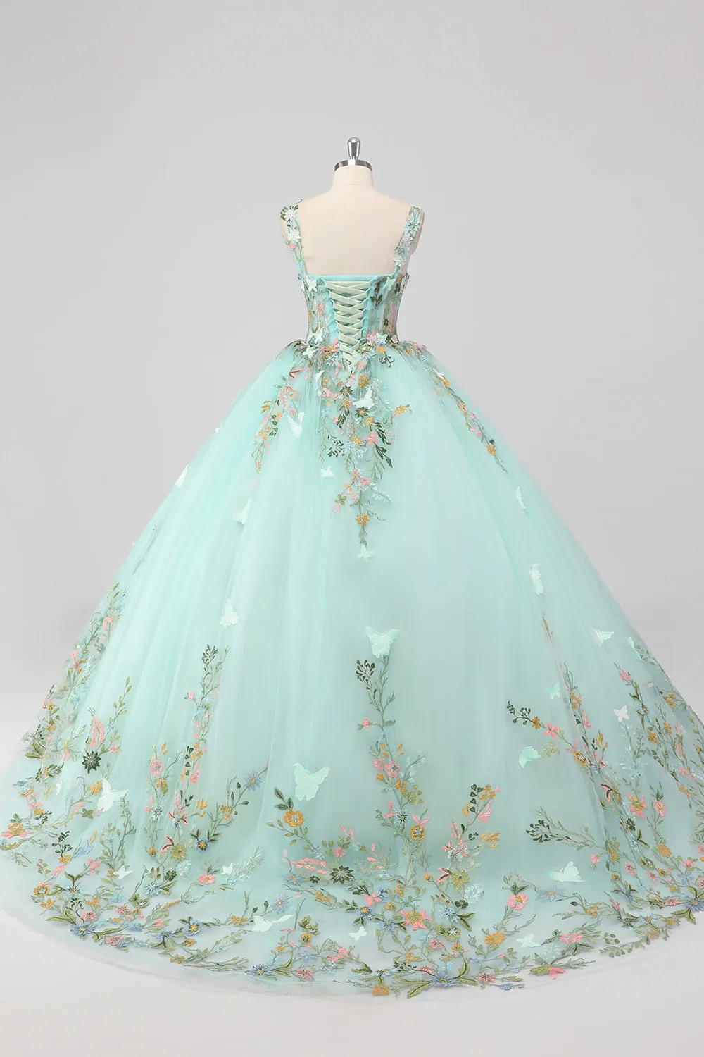 Princess Mint Ball Gown Spaghetti Straps Tulle Quinceanera Dress with Flower Appliques