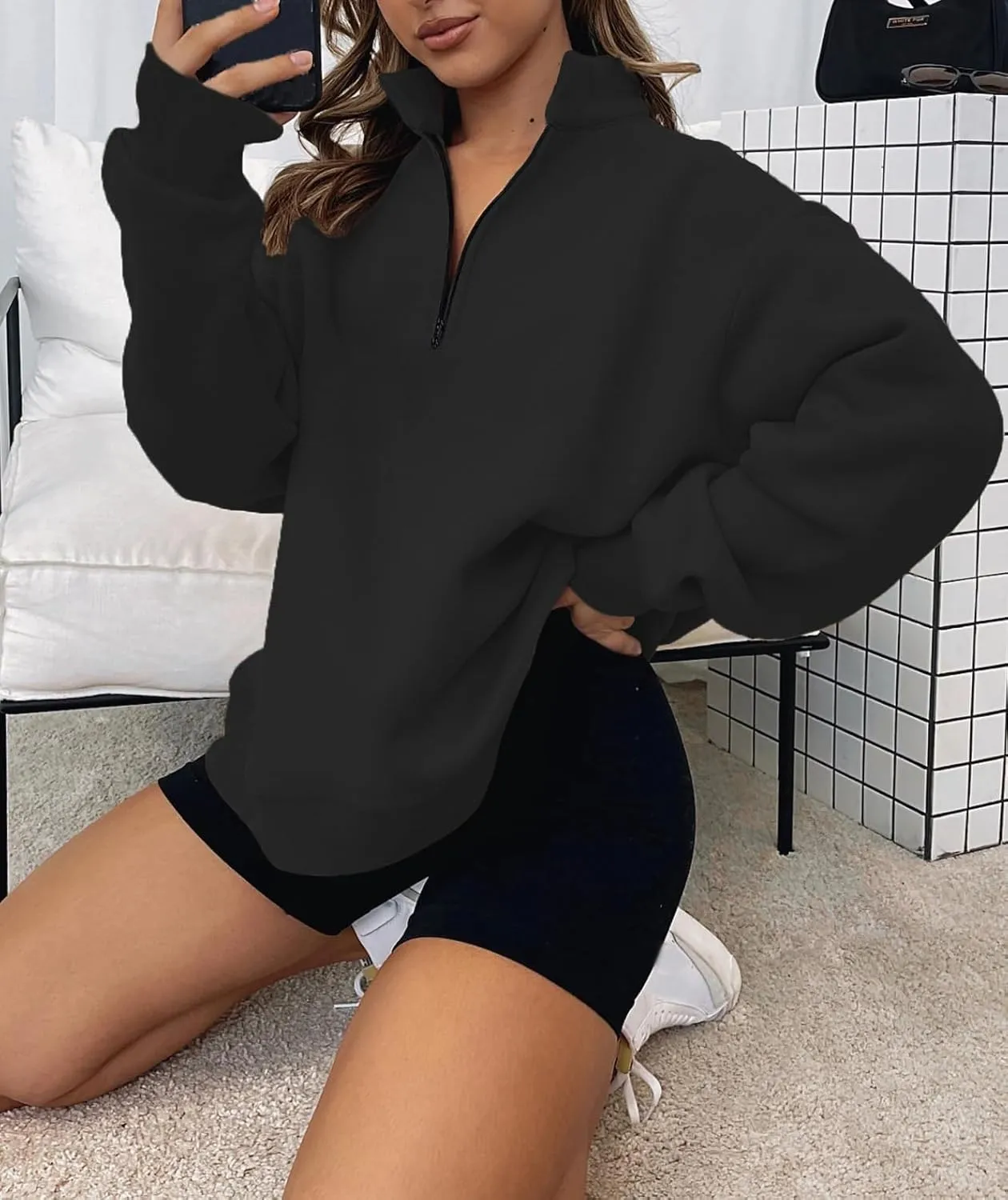 Quenny Half Zip Sweatshirts Cropped Hoodies casual top pullover long sleeved sweatshirt hoodie