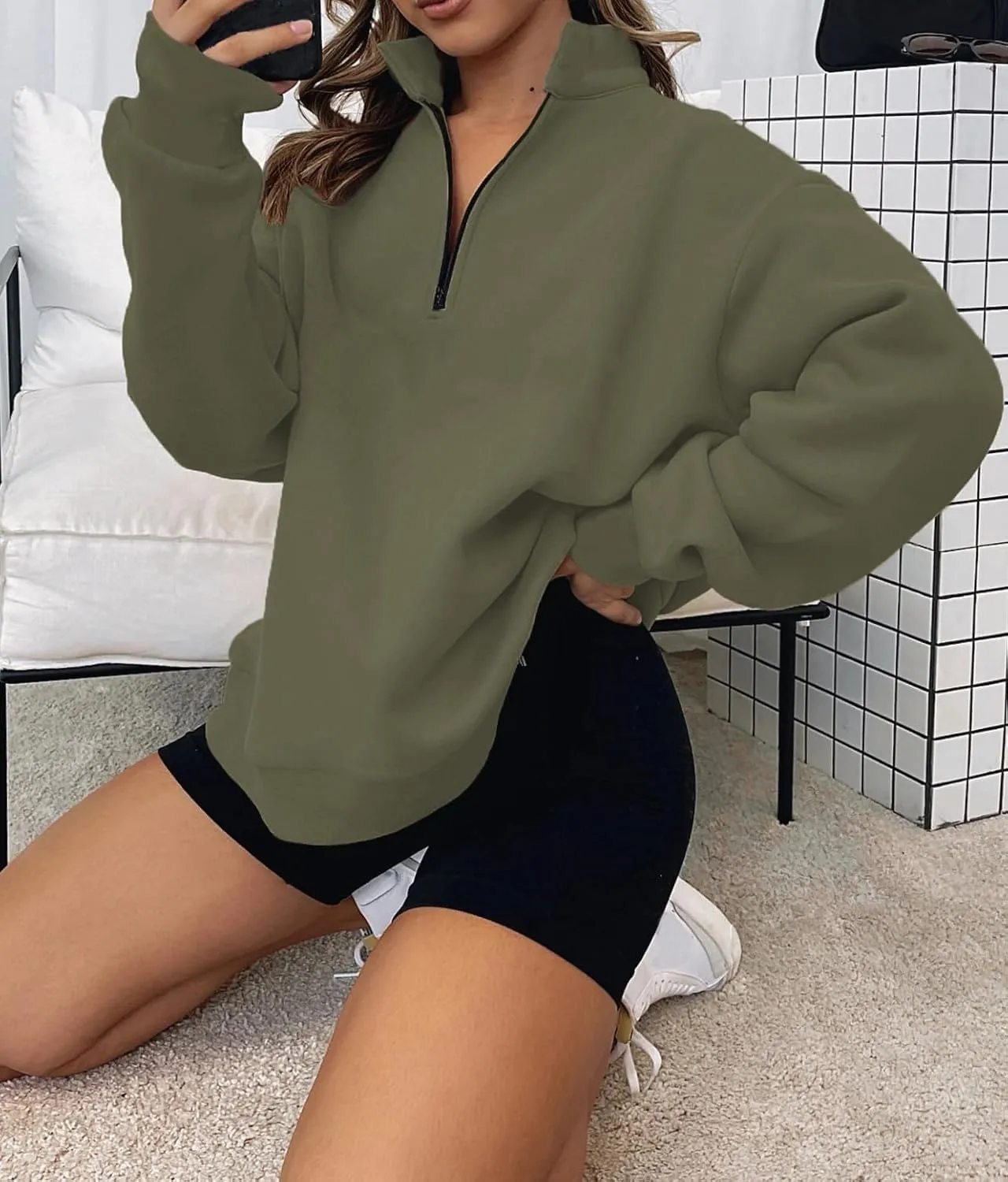 Quenny Half Zip Sweatshirts Cropped Hoodies casual top pullover long sleeved sweatshirt hoodie