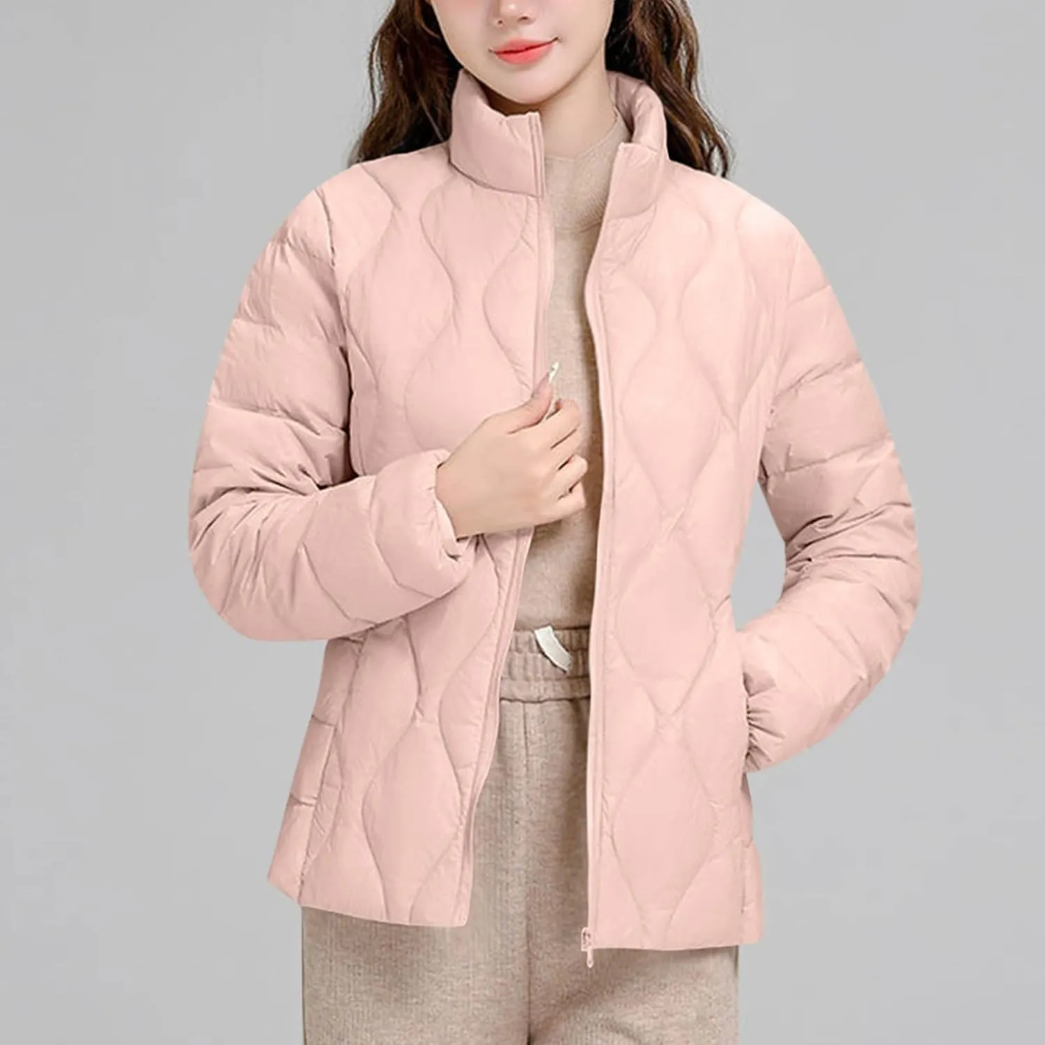 Quilted Lightweight Jacket for Women Plus Size Short Puffer Coats Stand Collar Zip Up Warm Down Jacket Fall Winter