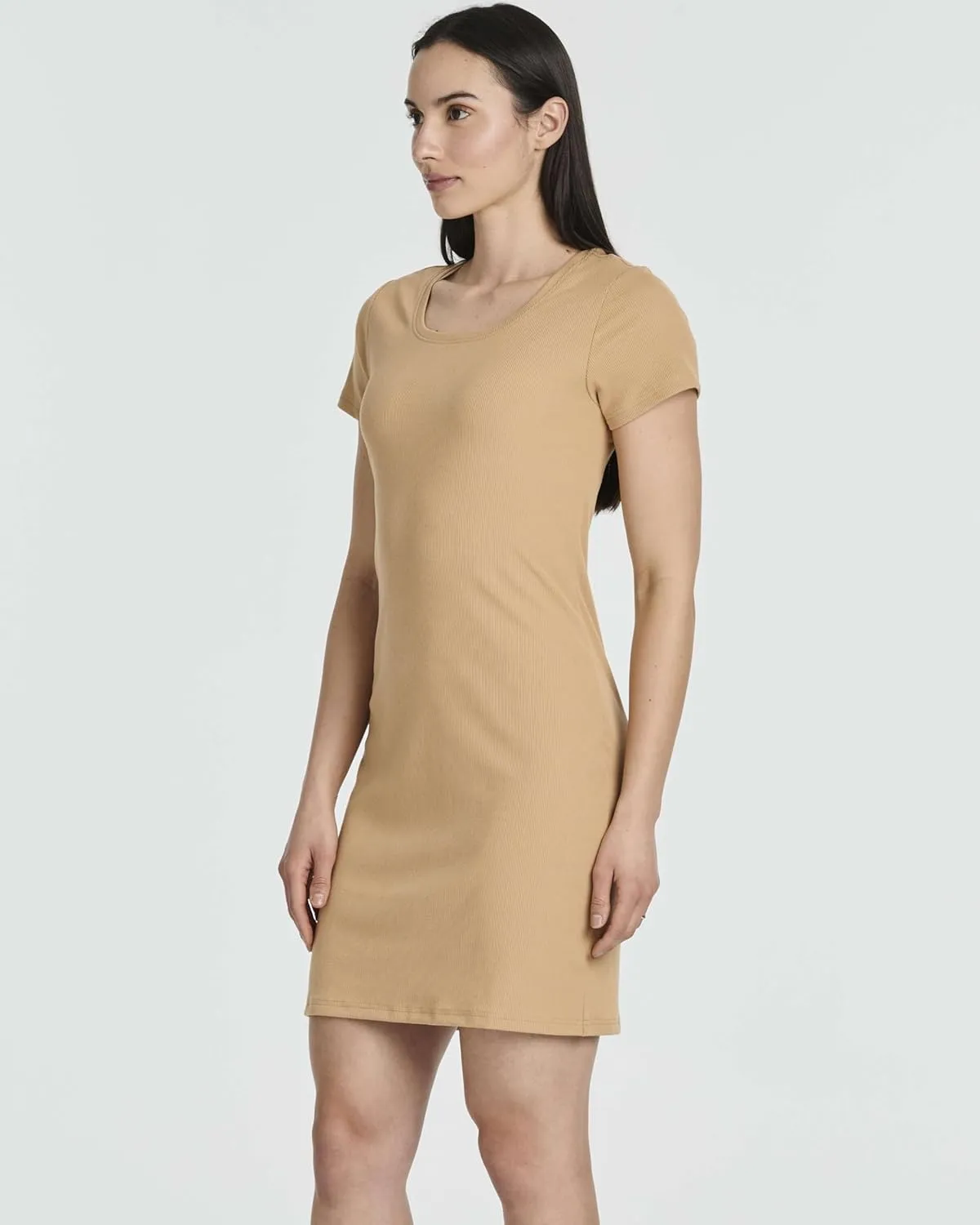 Real Essentials 3 Pack: Women's Mini Short Sleeve Dress Ribbed Scoop Neck Summer Casual Slim Fit T-Shirt Solid Color