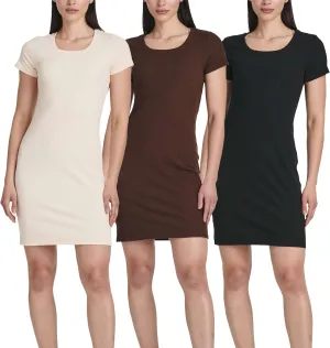 Real Essentials 3 Pack: Women's Mini Short Sleeve Dress Ribbed Scoop Neck Summer Casual Slim Fit T-Shirt Solid Color