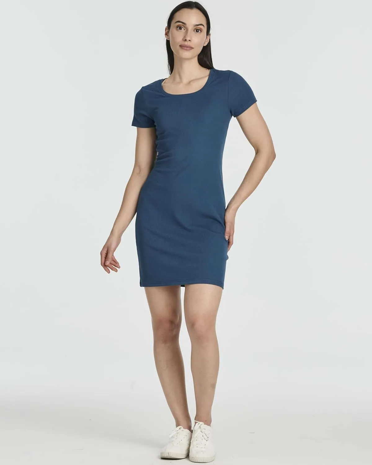 Real Essentials 3 Pack: Women's Mini Short Sleeve Dress Ribbed Scoop Neck Summer Casual Slim Fit T-Shirt Solid Color