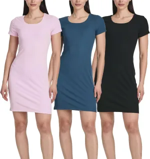 Real Essentials 3 Pack: Women's Mini Short Sleeve Dress Ribbed Scoop Neck Summer Casual Slim Fit T-Shirt Solid Color
