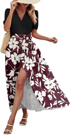 Resort Dresses for Women 2025 Vacation Floral Beach Wedding Guest Maxi Dress High Slit Ruffle Tea Party Midi Dress