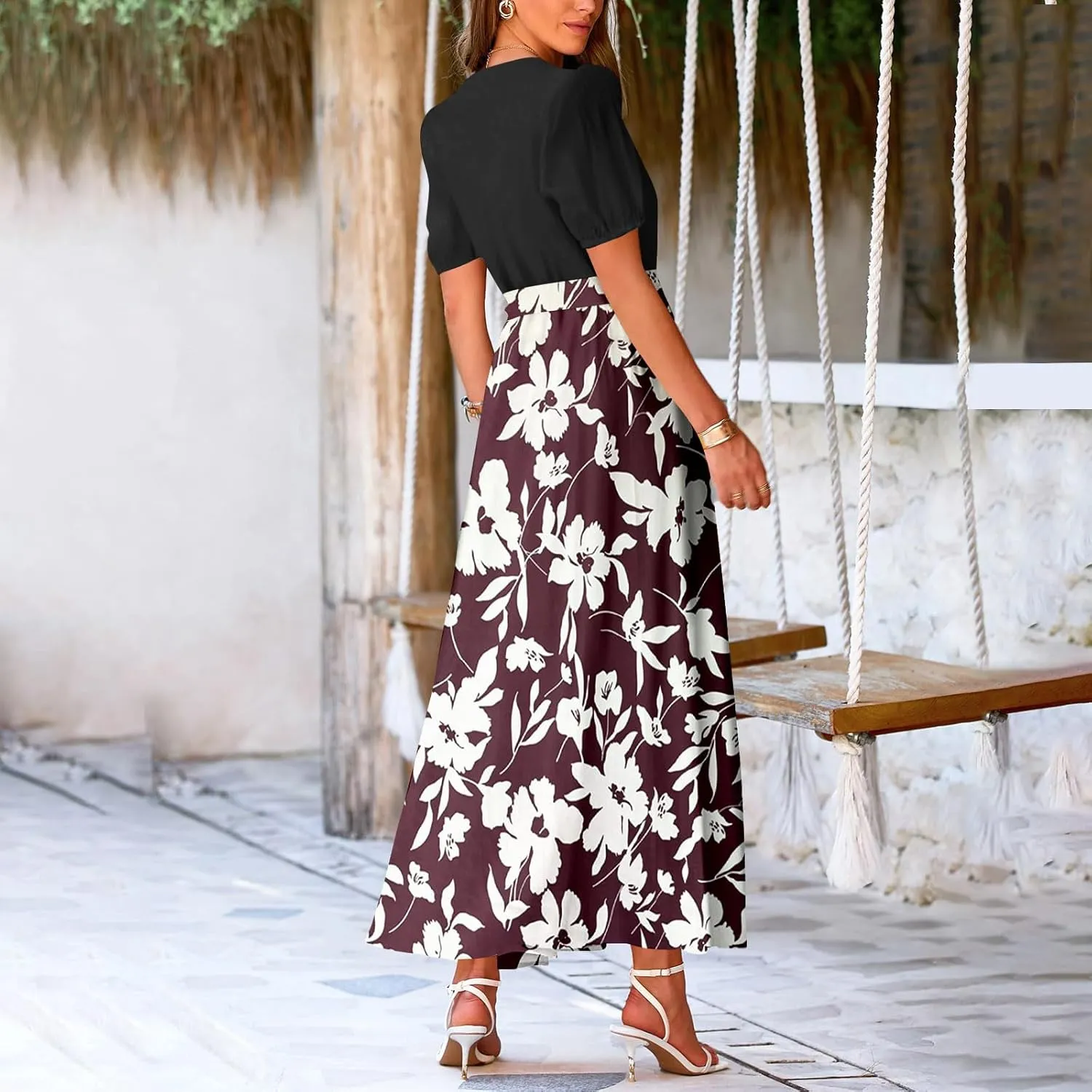 Resort Dresses for Women 2025 Vacation Floral Beach Wedding Guest Maxi Dress High Slit Ruffle Tea Party Midi Dress