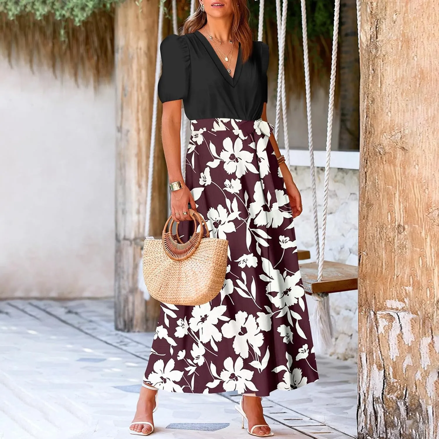 Resort Dresses for Women 2025 Vacation Floral Beach Wedding Guest Maxi Dress High Slit Ruffle Tea Party Midi Dress