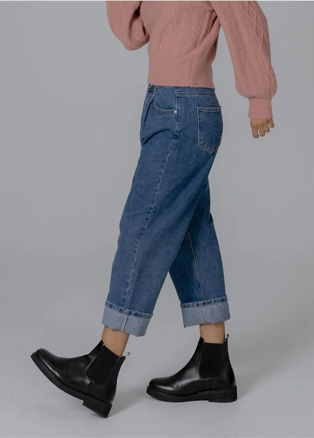 RIRINCO Women's Elastic High Waisted Jeans Wide Stretch Boyfriend Casual Pleated Denim Pants