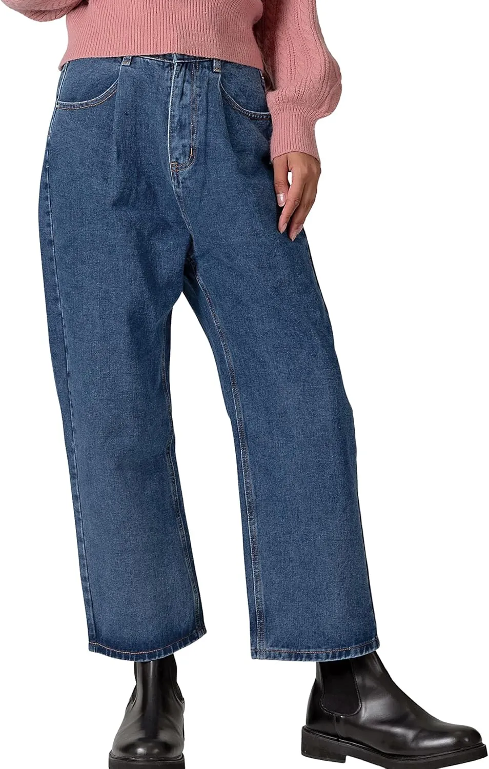 RIRINCO Women's Elastic High Waisted Jeans Wide Stretch Boyfriend Casual Pleated Denim Pants