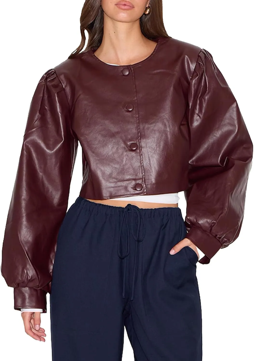 SCOFEEL Women's Cropped Faux Leather Jacket Puff Long Sleeve Moto Biker Coat Button Up Casual Leather Short Jacket