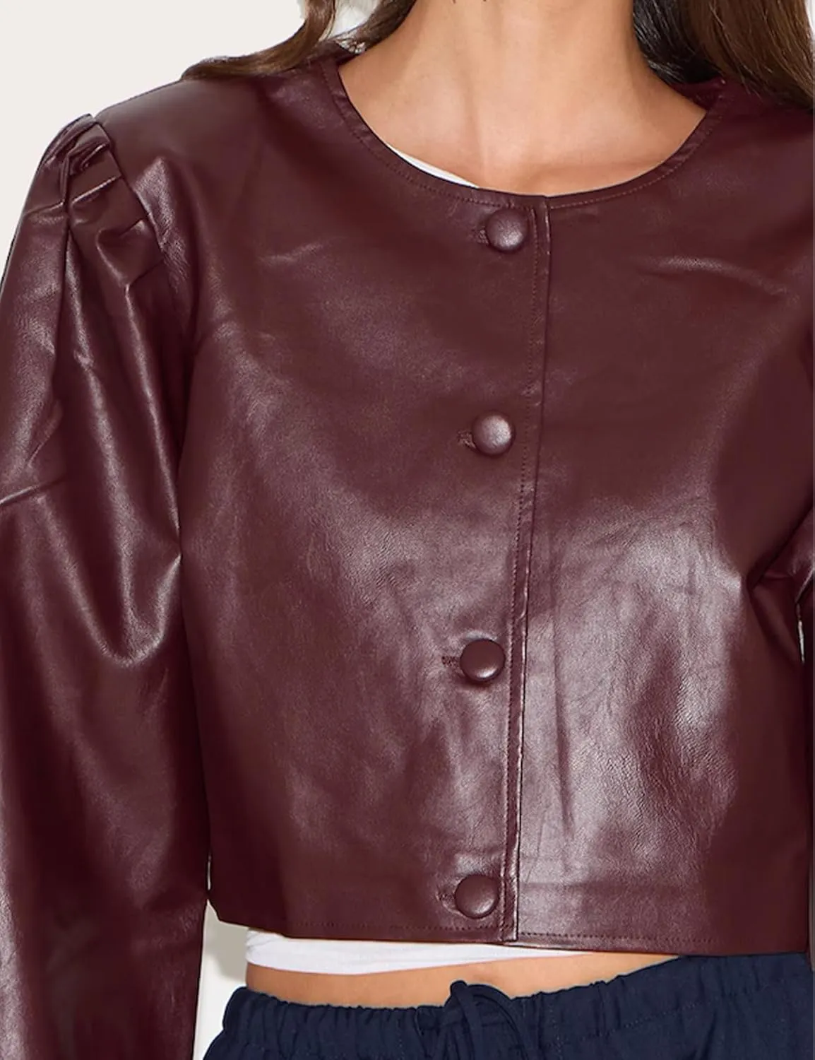 SCOFEEL Women's Cropped Faux Leather Jacket Puff Long Sleeve Moto Biker Coat Button Up Casual Leather Short Jacket