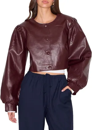 SCOFEEL Women's Cropped Faux Leather Jacket Puff Long Sleeve Moto Biker Coat Button Up Casual Leather Short Jacket
