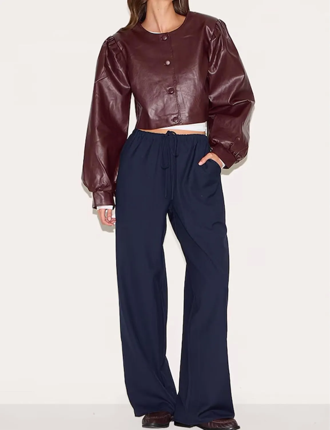 SCOFEEL Women's Cropped Faux Leather Jacket Puff Long Sleeve Moto Biker Coat Button Up Casual Leather Short Jacket