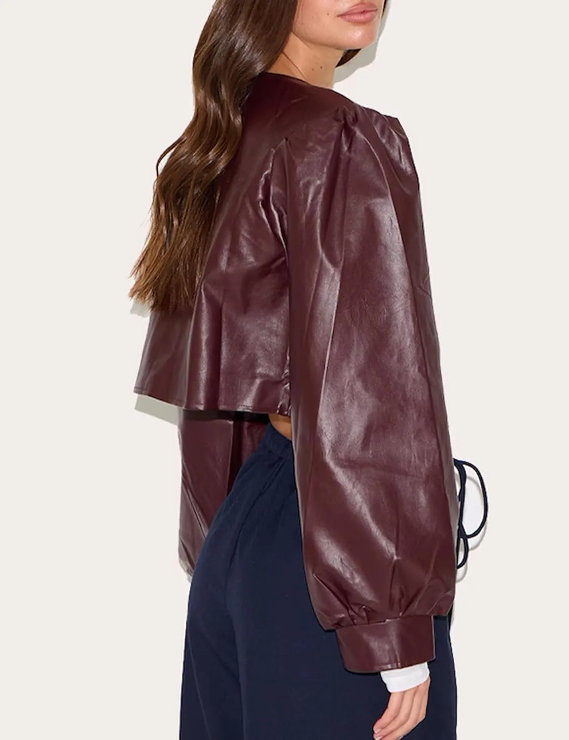 SCOFEEL Women's Cropped Faux Leather Jacket Puff Long Sleeve Moto Biker Coat Button Up Casual Leather Short Jacket