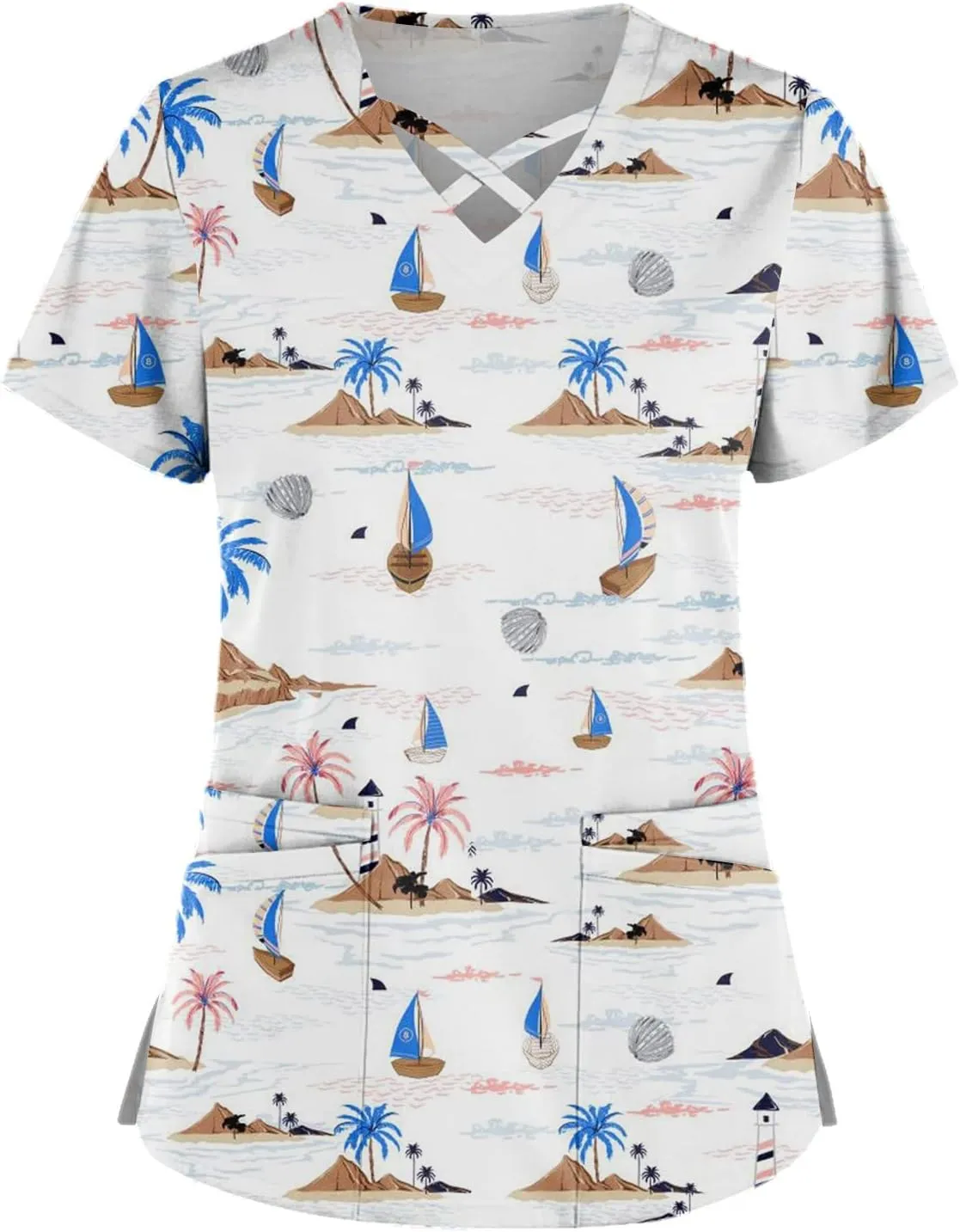 Scrub Tops Women Print Short Sleeve Working T-Shirts Criss Cross V Neck Fashion Nurse Uniforms Cute Care T Shirts