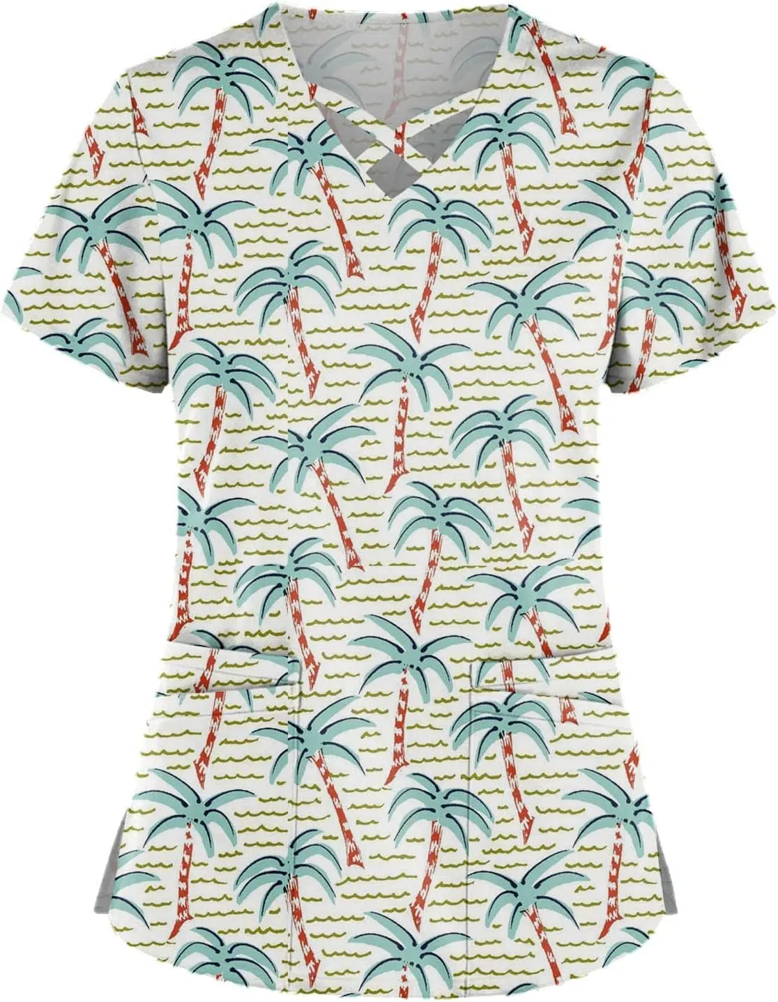Scrub Tops Women Print Short Sleeve Working T-Shirts Criss Cross V Neck Fashion Nurse Uniforms Cute Care T Shirts