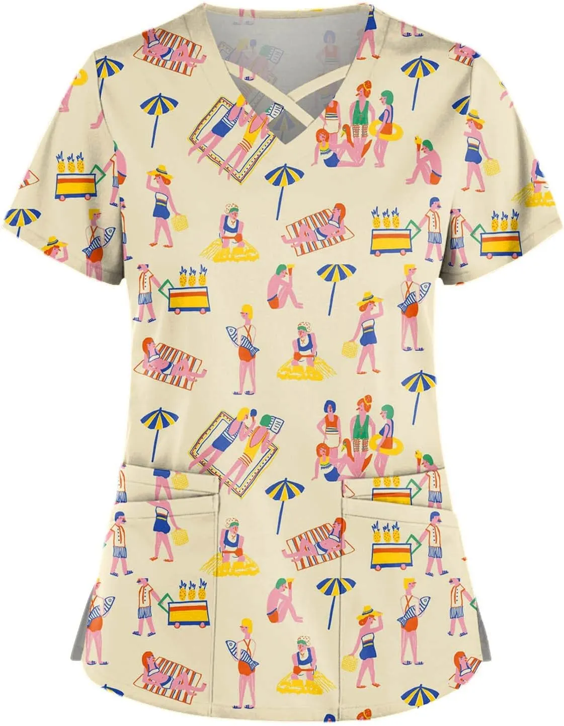 Scrub Tops Women Print Short Sleeve Working T-Shirts Criss Cross V Neck Fashion Nurse Uniforms Cute Care T Shirts