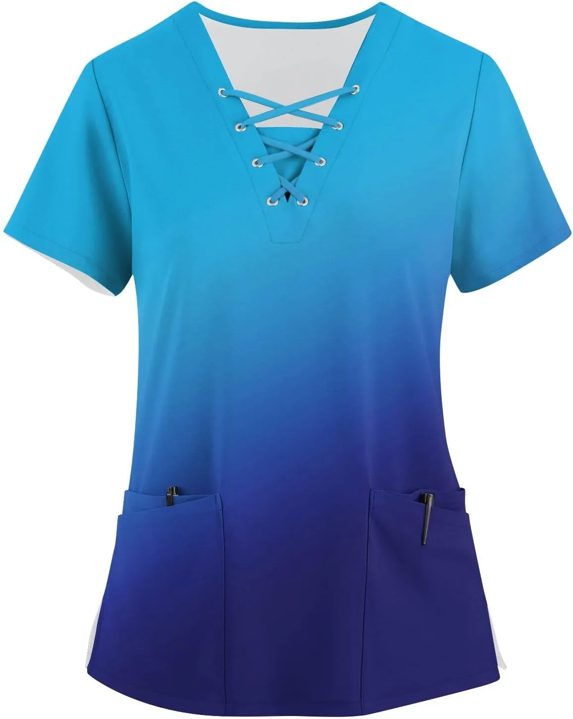 Scrubs for Women Print Criss Cross V Neck Working T-Shirts Short Sleeve T Shirts Trendy Scrubs Tops with 4 Pockets
