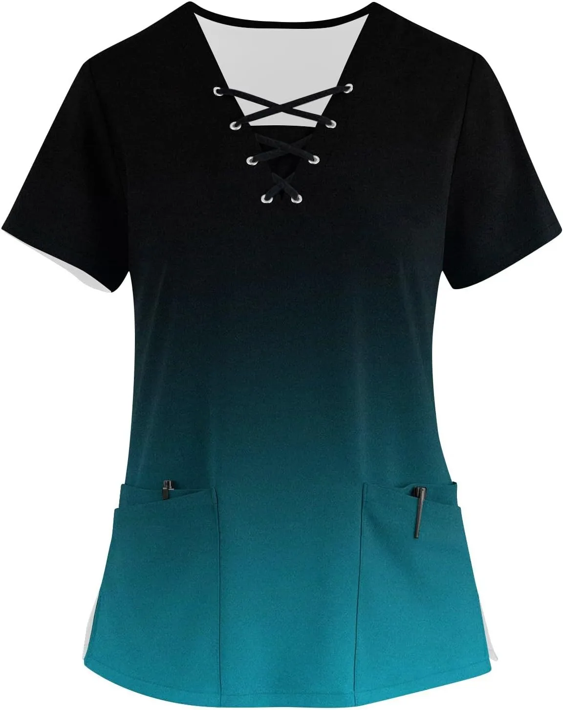 Scrubs for Women Print Criss Cross V Neck Working T-Shirts Short Sleeve T Shirts Trendy Scrubs Tops with 4 Pockets