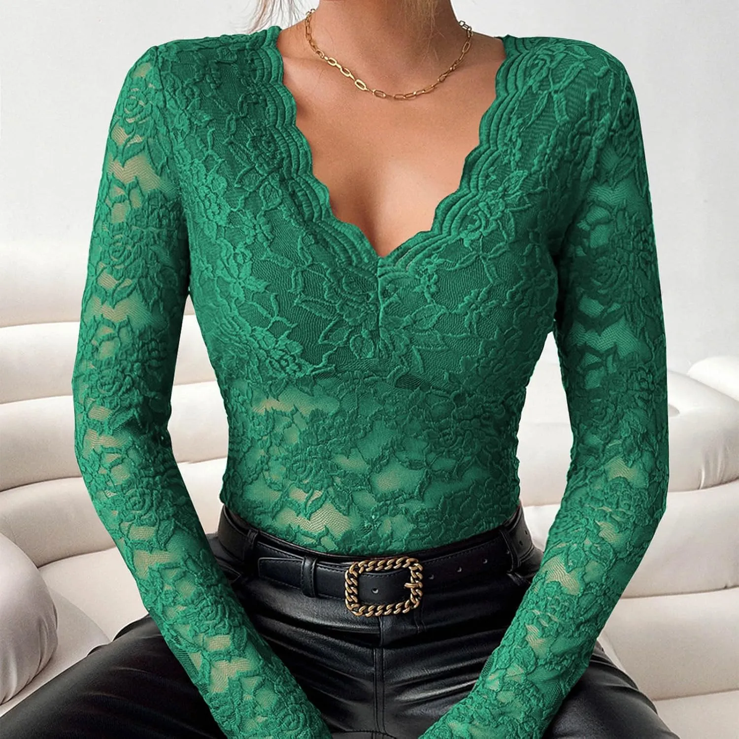 See Through Mesh Tops for Women Sheer Long Sleeve Sexy Deep V Neck Blouses Undershirts Slim Fit Floral Lace Tee Shirt