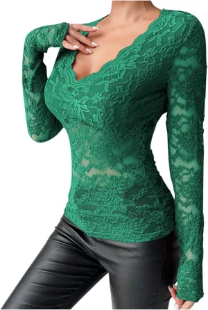 See Through Mesh Tops for Women Sheer Long Sleeve Sexy Deep V Neck Blouses Undershirts Slim Fit Floral Lace Tee Shirt