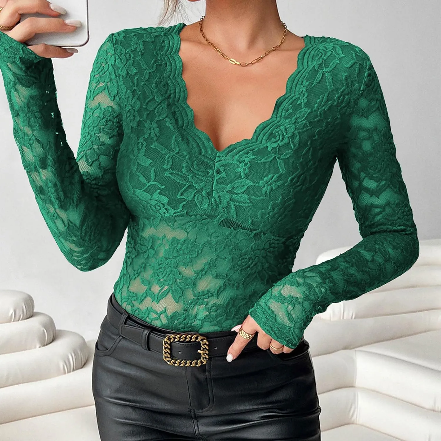 See Through Mesh Tops for Women Sheer Long Sleeve Sexy Deep V Neck Blouses Undershirts Slim Fit Floral Lace Tee Shirt