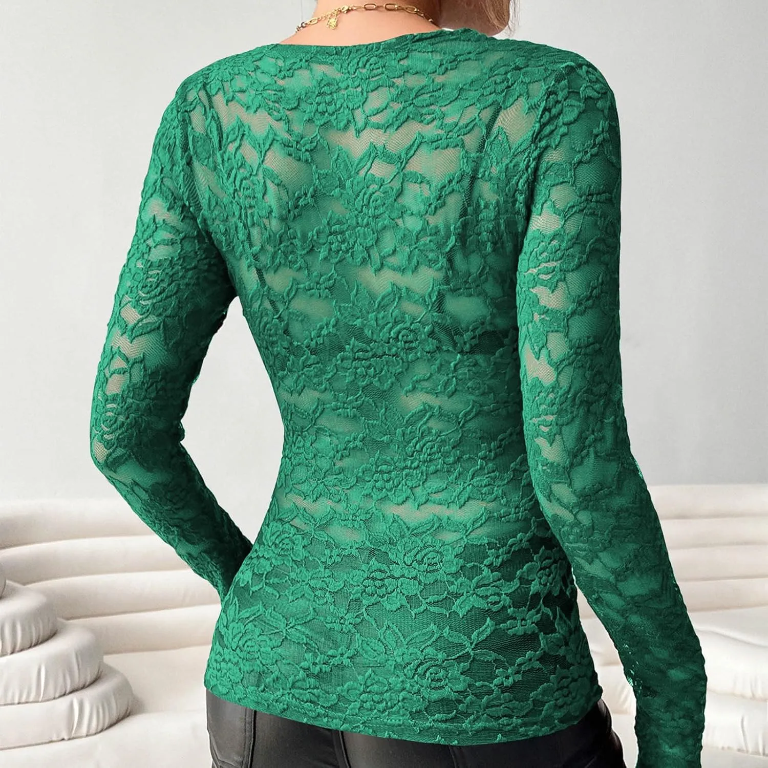 See Through Mesh Tops for Women Sheer Long Sleeve Sexy Deep V Neck Blouses Undershirts Slim Fit Floral Lace Tee Shirt