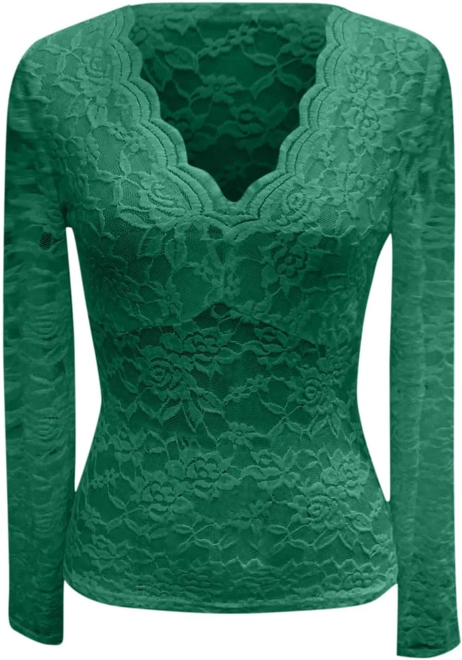 See Through Mesh Tops for Women Sheer Long Sleeve Sexy Deep V Neck Blouses Undershirts Slim Fit Floral Lace Tee Shirt