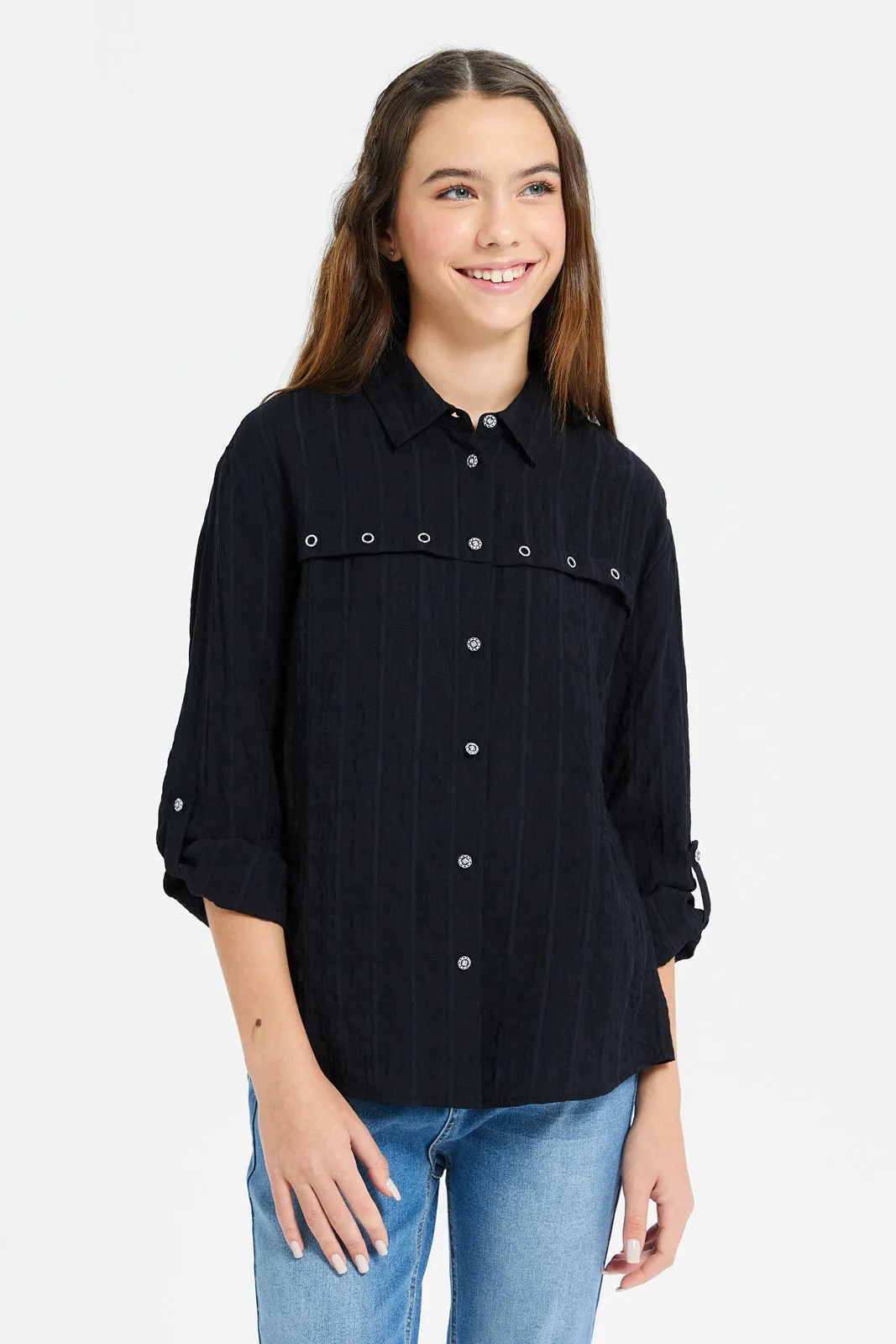 Senior Girls Black Jacquard With Gold Buttons Blouse