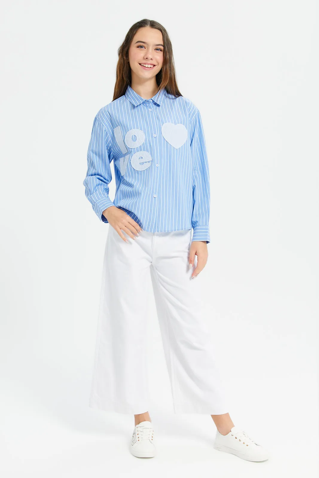 Senior Girls Blue Stripes Shirt With Embroidery