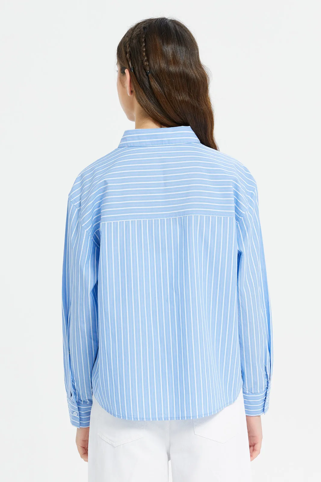 Senior Girls Blue Stripes Shirt With Embroidery