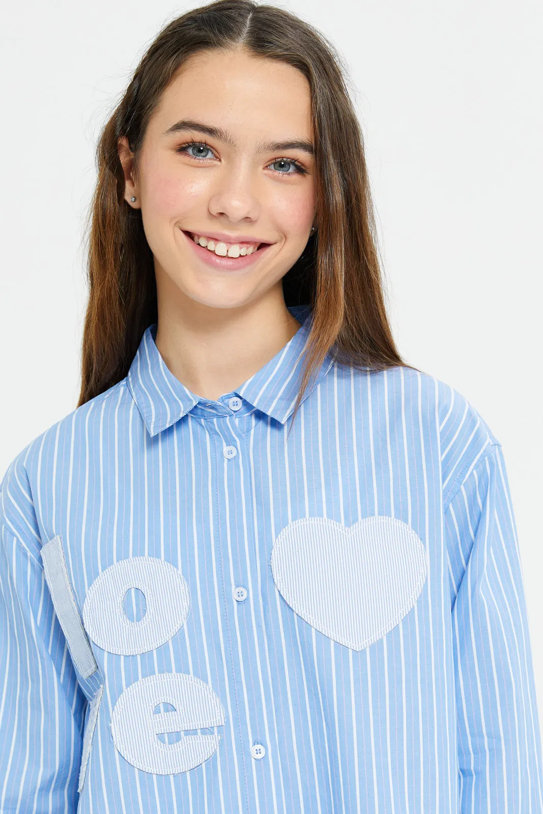 Senior Girls Blue Stripes Shirt With Embroidery