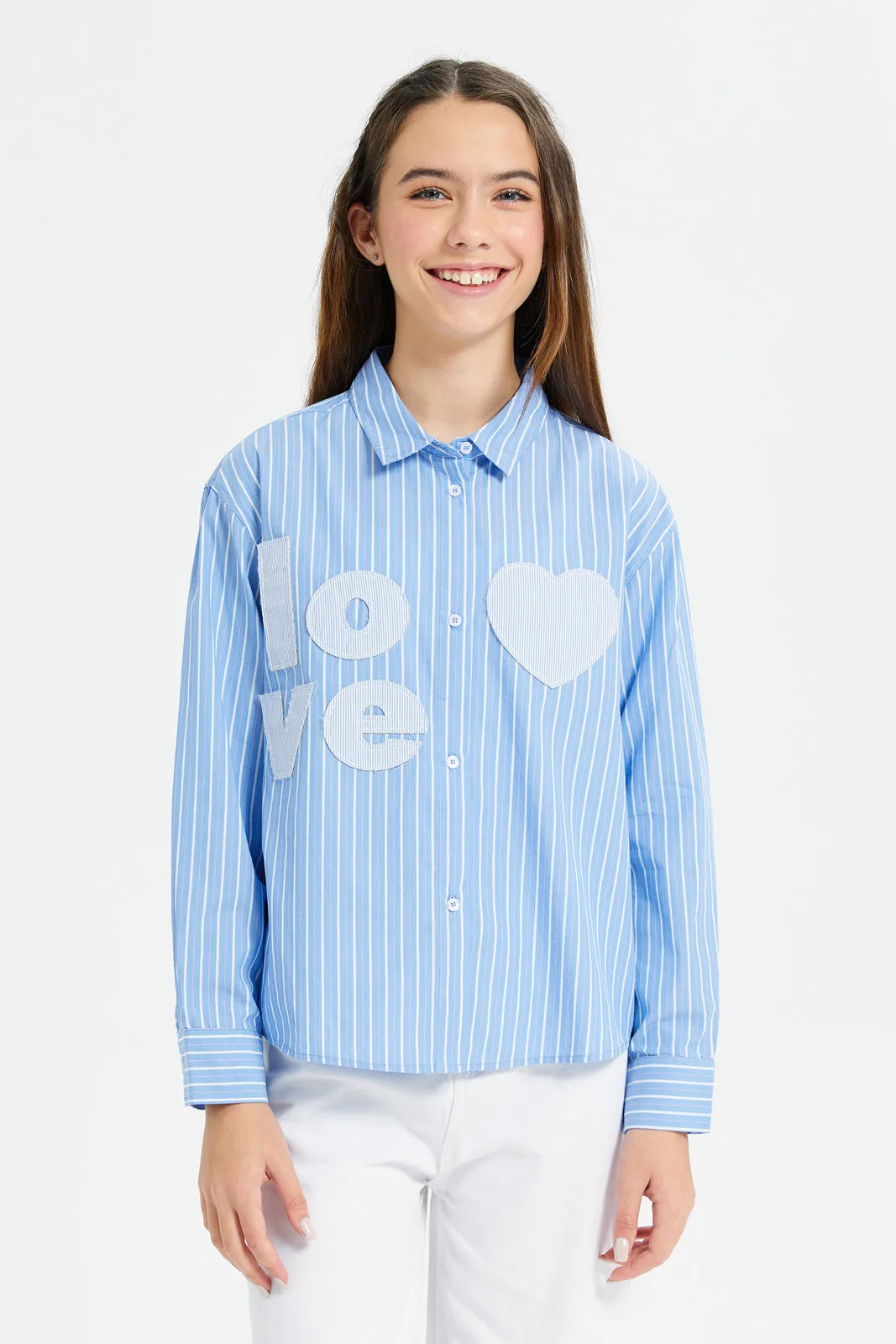 Senior Girls Blue Stripes Shirt With Embroidery