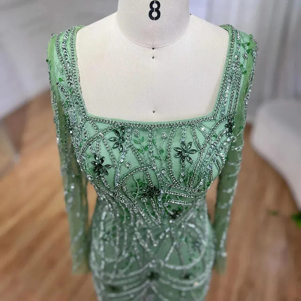 SERENE HILL Luxury Sage Green Mermaid Crystals Beaded Evening Gown