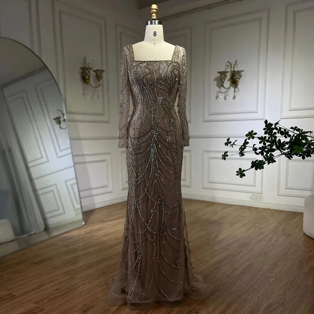 SERENE HILL Luxury Sage Green Mermaid Crystals Beaded Evening Gown