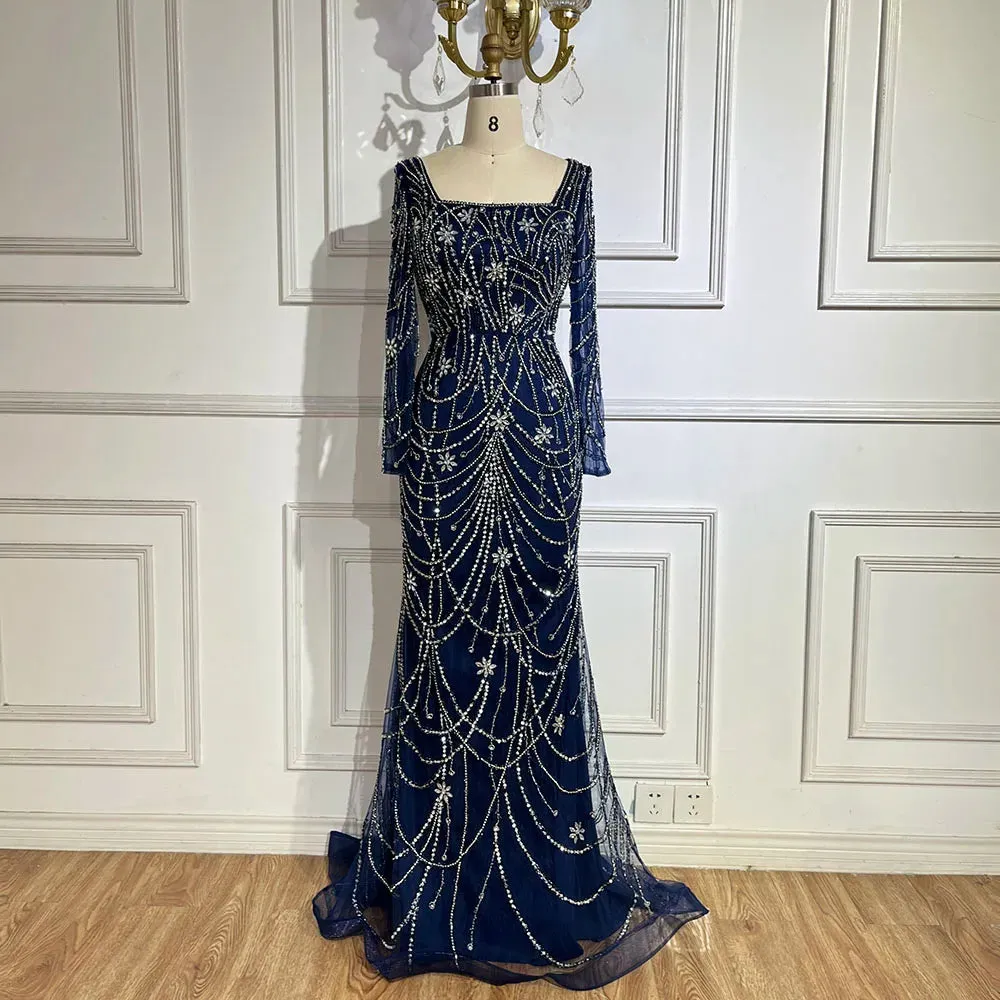 SERENE HILL Luxury Sage Green Mermaid Crystals Beaded Evening Gown