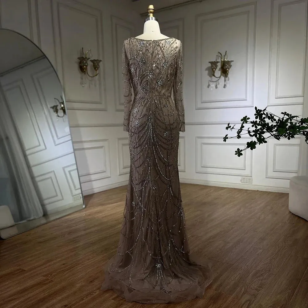 SERENE HILL Luxury Sage Green Mermaid Crystals Beaded Evening Gown