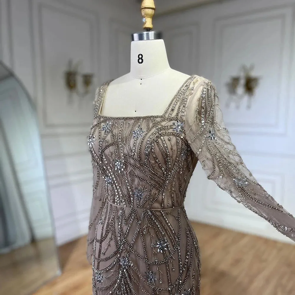 SERENE HILL Luxury Sage Green Mermaid Crystals Beaded Evening Gown
