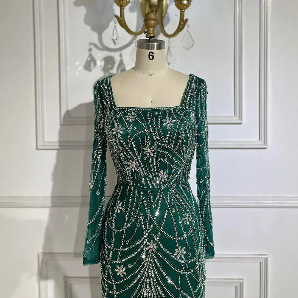 SERENE HILL Luxury Sage Green Mermaid Crystals Beaded Evening Gown