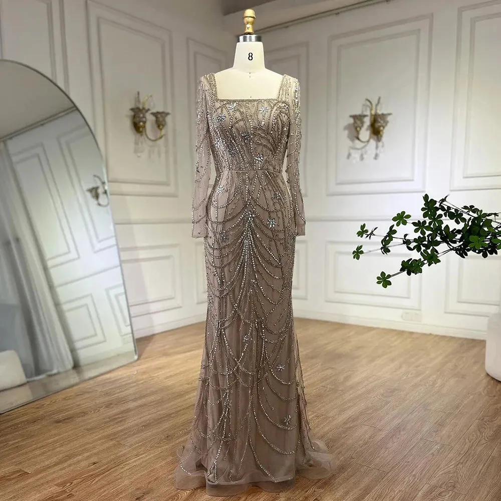 SERENE HILL Luxury Sage Green Mermaid Crystals Beaded Evening Gown