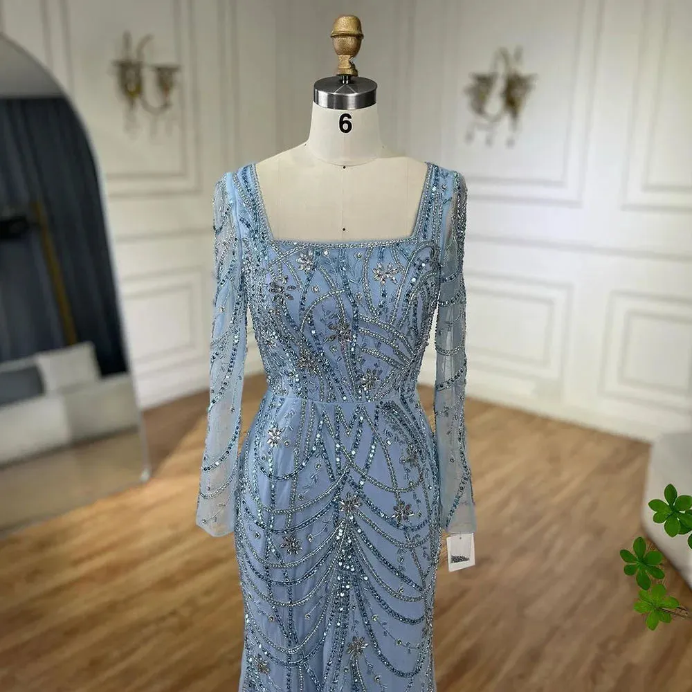 SERENE HILL Luxury Sage Green Mermaid Crystals Beaded Evening Gown