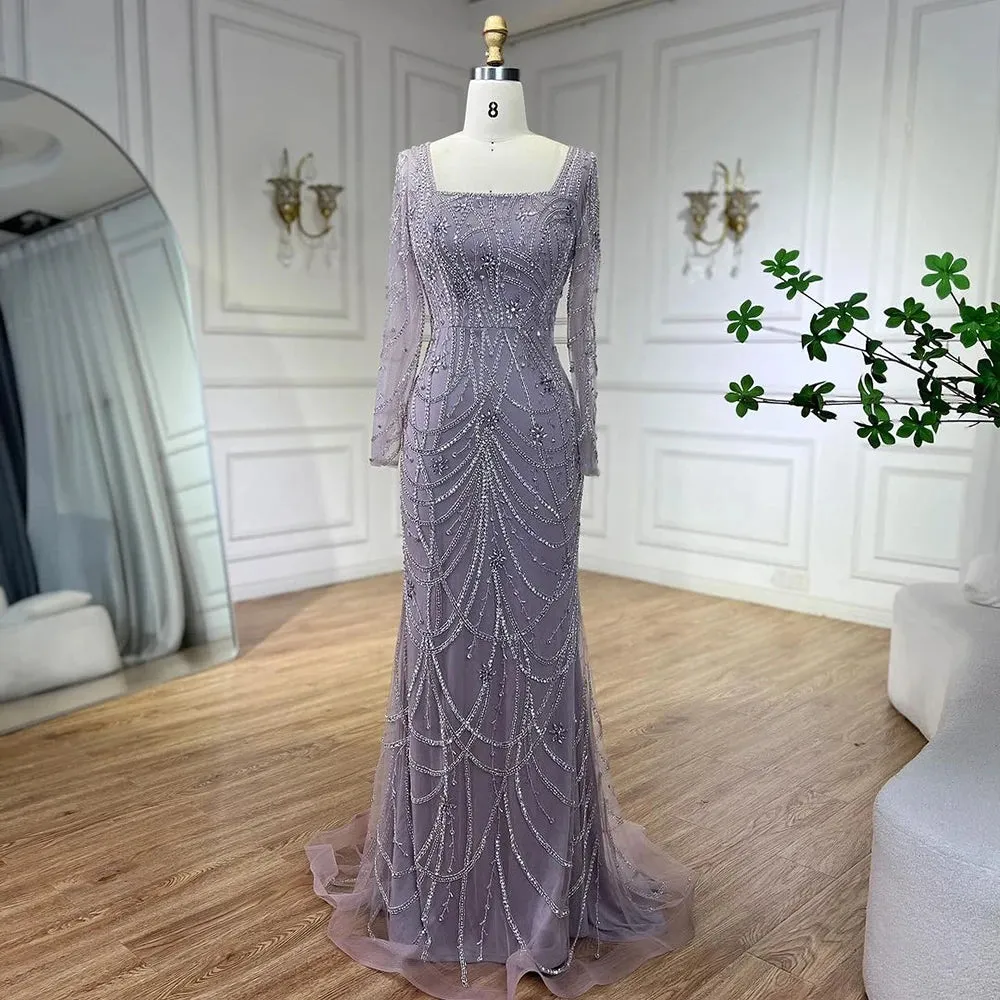 SERENE HILL Luxury Sage Green Mermaid Crystals Beaded Evening Gown