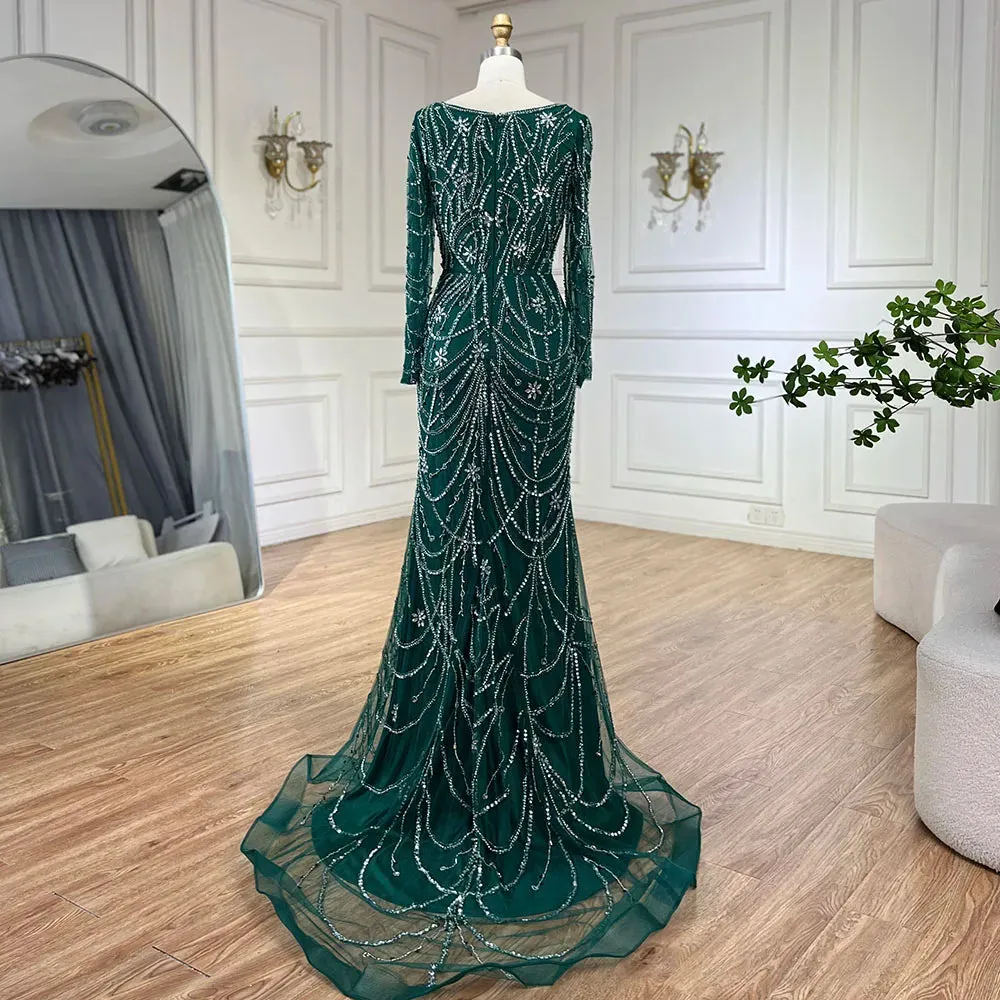 SERENE HILL Luxury Sage Green Mermaid Crystals Beaded Evening Gown