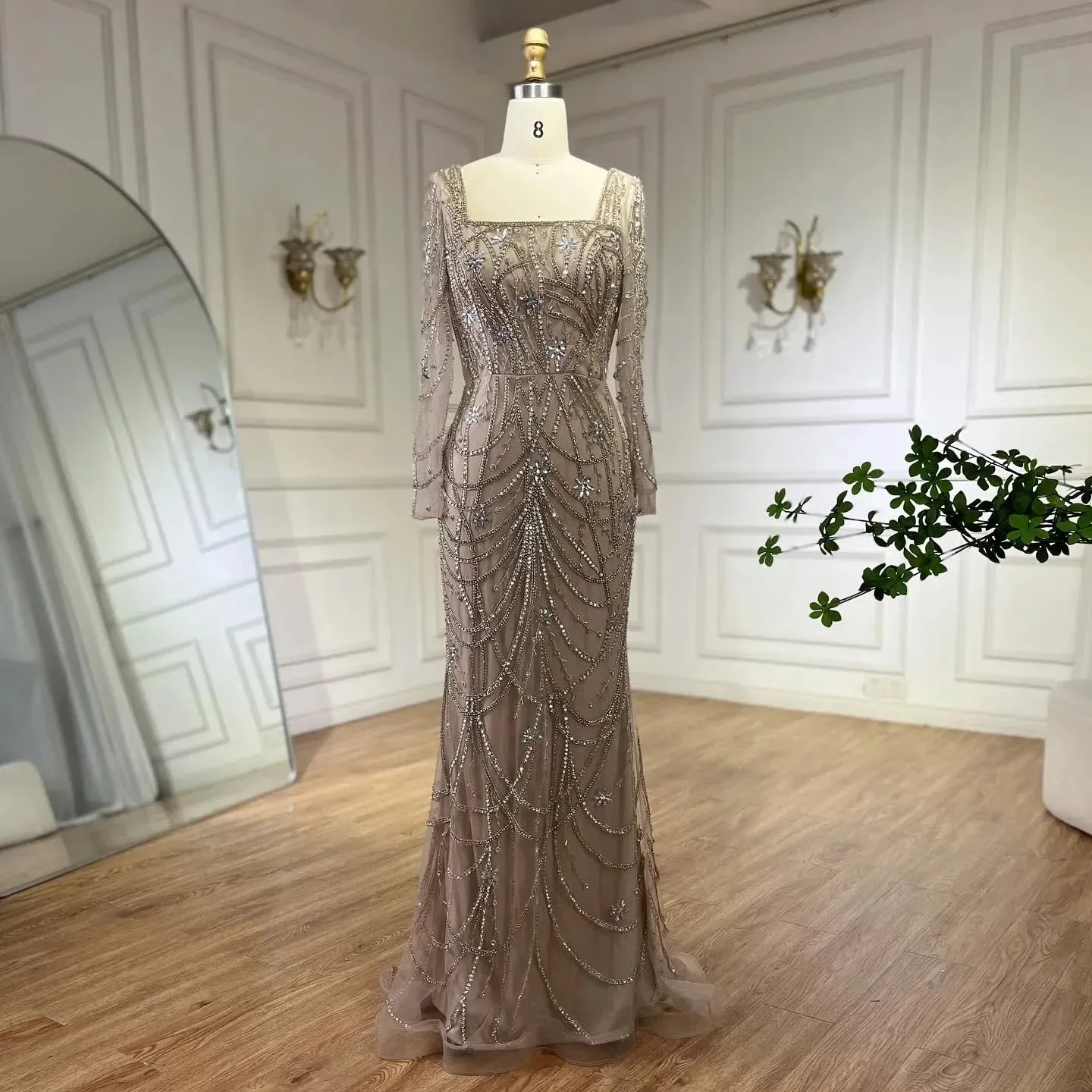SERENE HILL Luxury Sage Green Mermaid Crystals Beaded Evening Gown