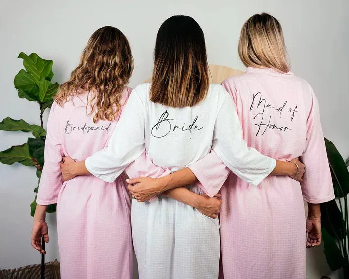 Set of 4 Custom Waffled Knit Wedding Cotton robes for Bachelorette Party - Vinyl Alfresco
