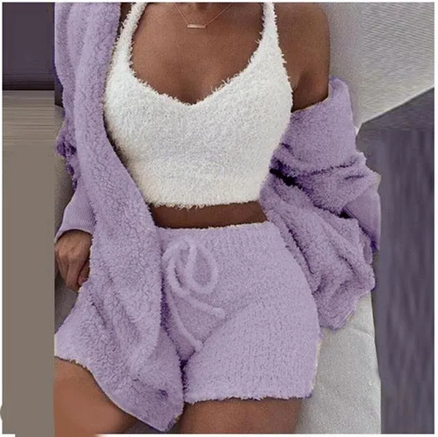 Sexy 3 Pieces Autumn Winter Woman Pajamas Sexy Lamb Wool Pajamas Set Leisure Sleepwear Vest Shorts Suit Trousers Homewear