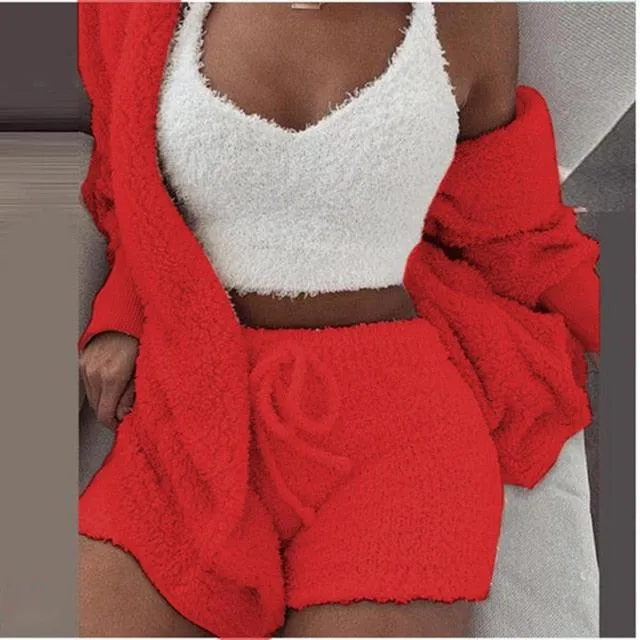 Sexy 3 Pieces Autumn Winter Woman Pajamas Sexy Lamb Wool Pajamas Set Leisure Sleepwear Vest Shorts Suit Trousers Homewear