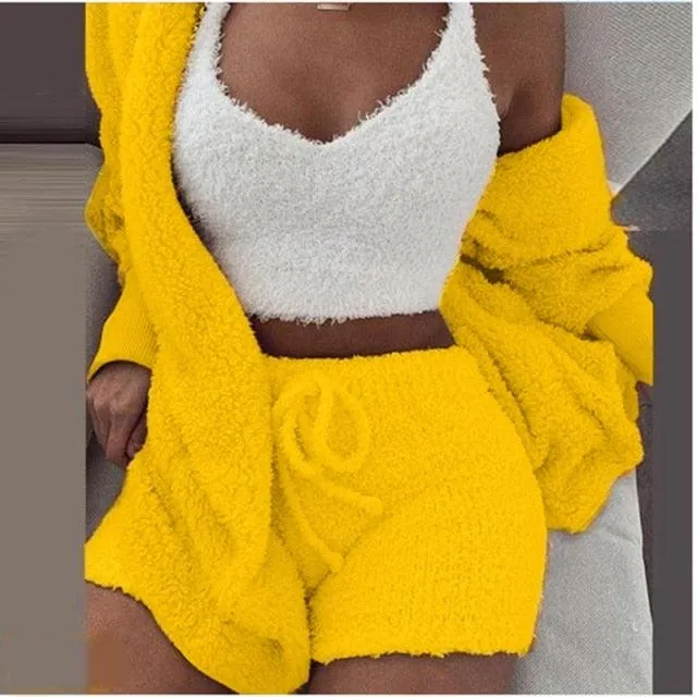 Sexy 3 Pieces Autumn Winter Woman Pajamas Sexy Lamb Wool Pajamas Set Leisure Sleepwear Vest Shorts Suit Trousers Homewear